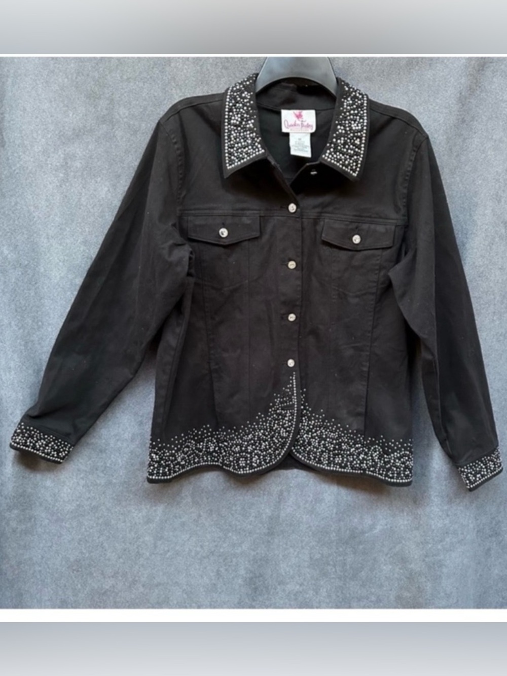 Bedazzled Black jean jacket w/ crystals rhinestones denim womens Sz medium